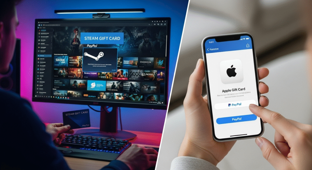 Popular PayPal gift cards like Steam gift card PayPal and Apple gift card PayPal for gaming and shopping.