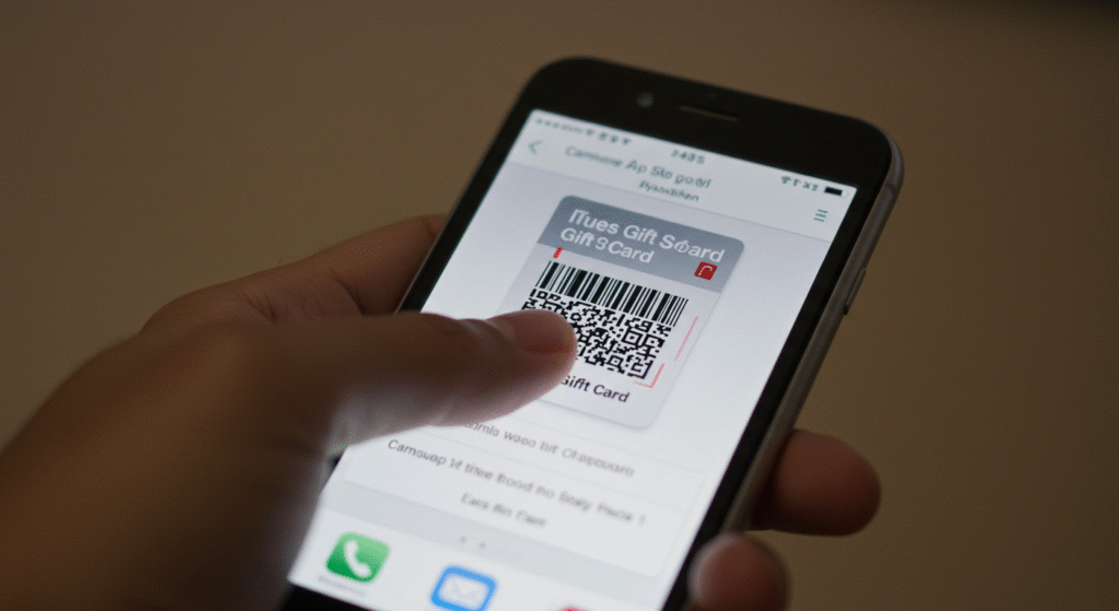 A phone user redeeming an iTunes gift card picture using the App Store camera feature